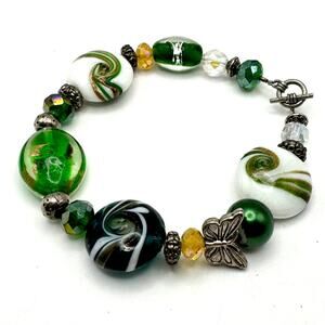 Handcrafted Art glass‎ Green White Lampwork Bead Bracelet with Toggle Clasp